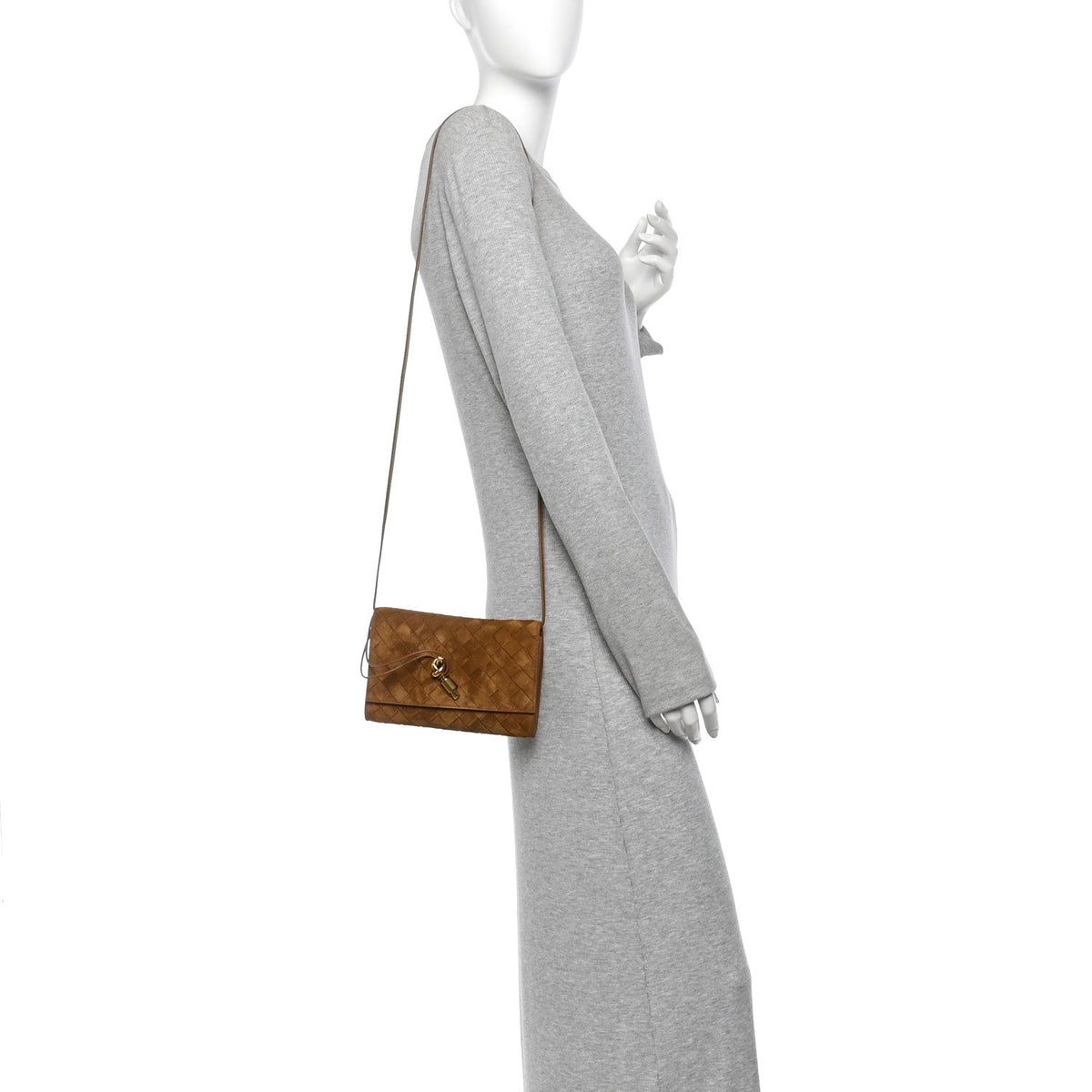 Suede Intrecciato Andiamo Pouch On Strap Dark Caramel