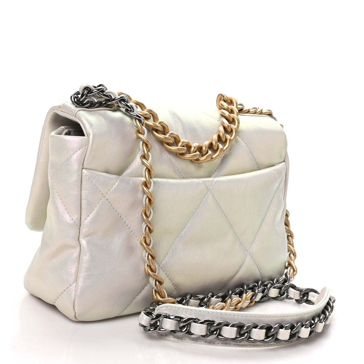 Iridescent Calfskin Quilted Medium Chanel 19 Flap White