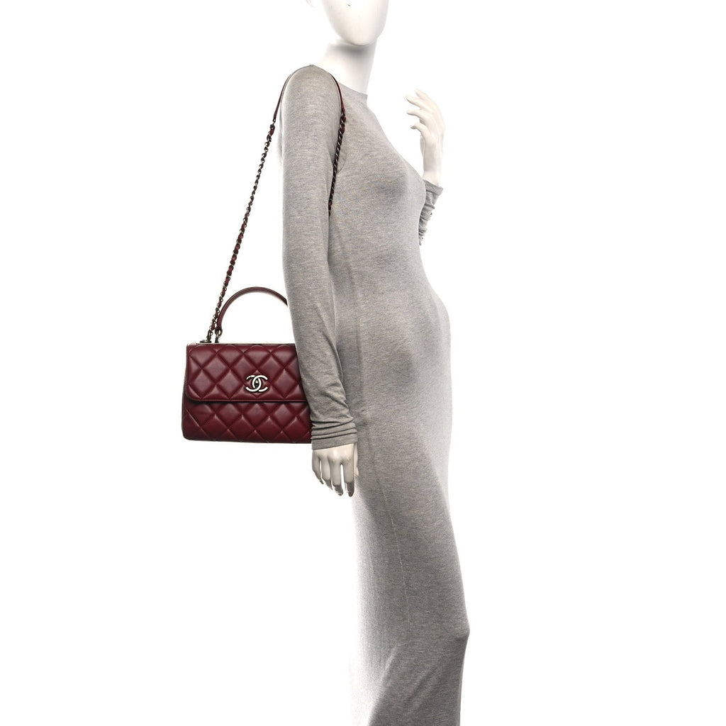 Lambskin Quilted Small Trendy CC Flap Dual Handle Bag Burgundy