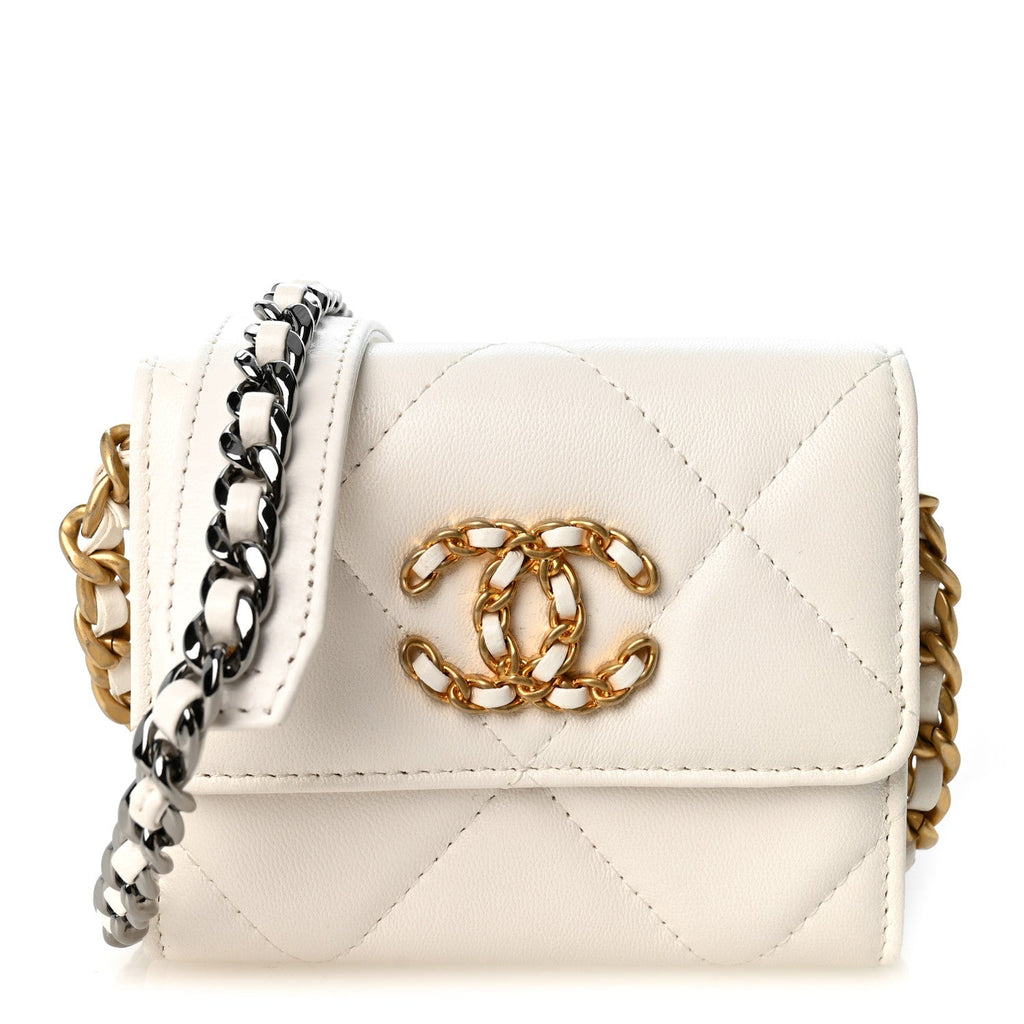 Lambskin Quilted Chanel 19 Flap Coin Purse With Chain White