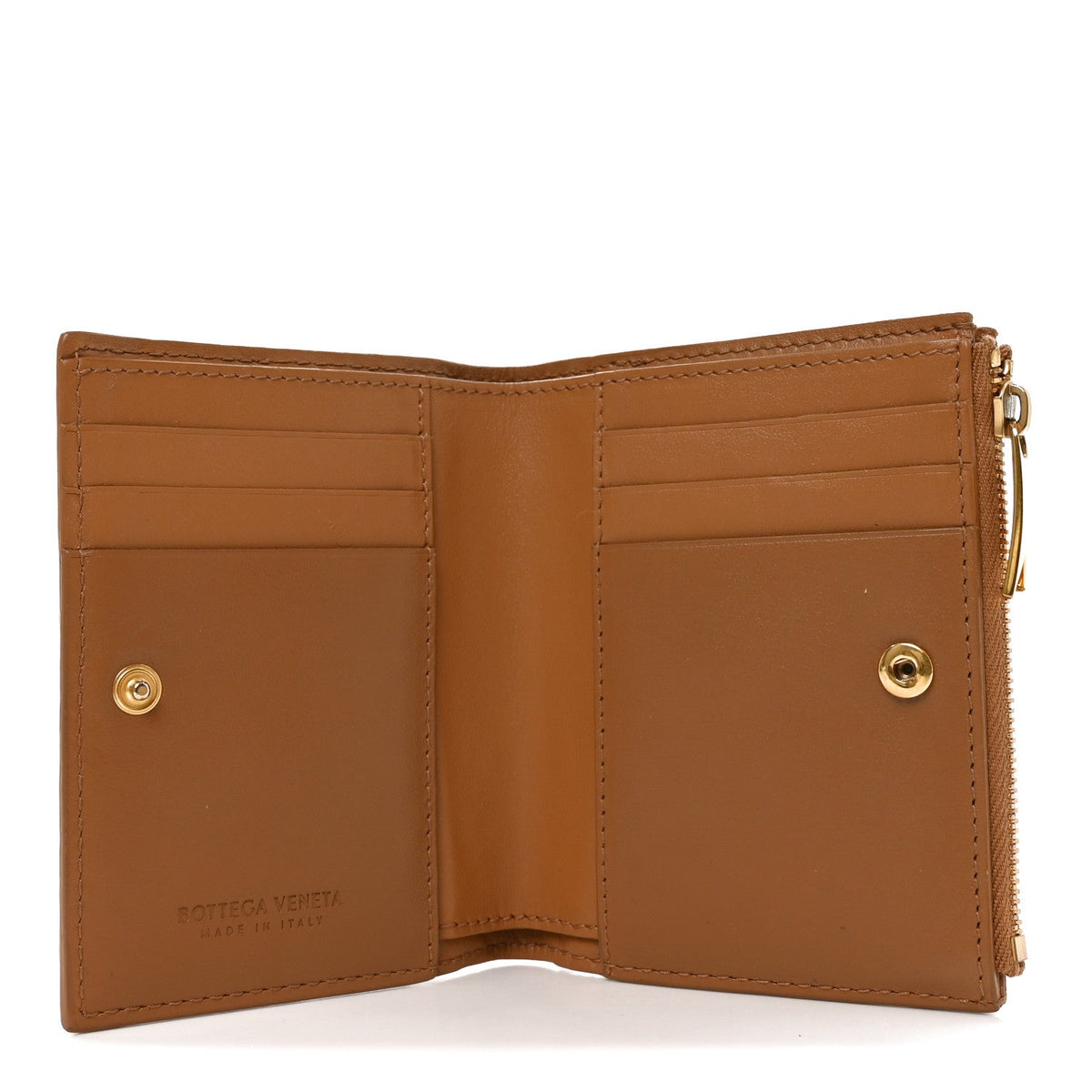 Nappa Intrecciato Small Bi-Fold Zip Wallet Caramel