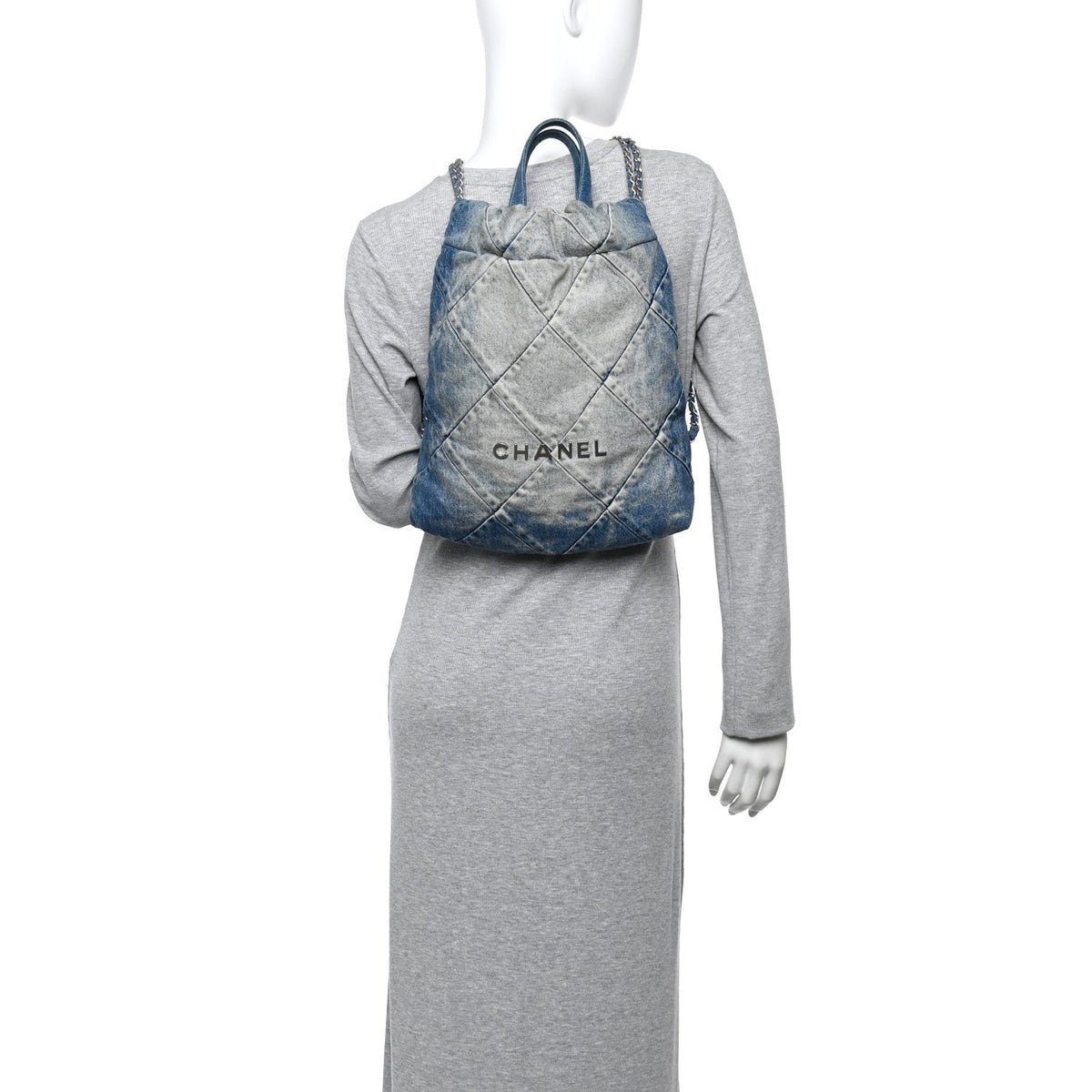 Denim Quilted Chanel 22 Backpack Blue