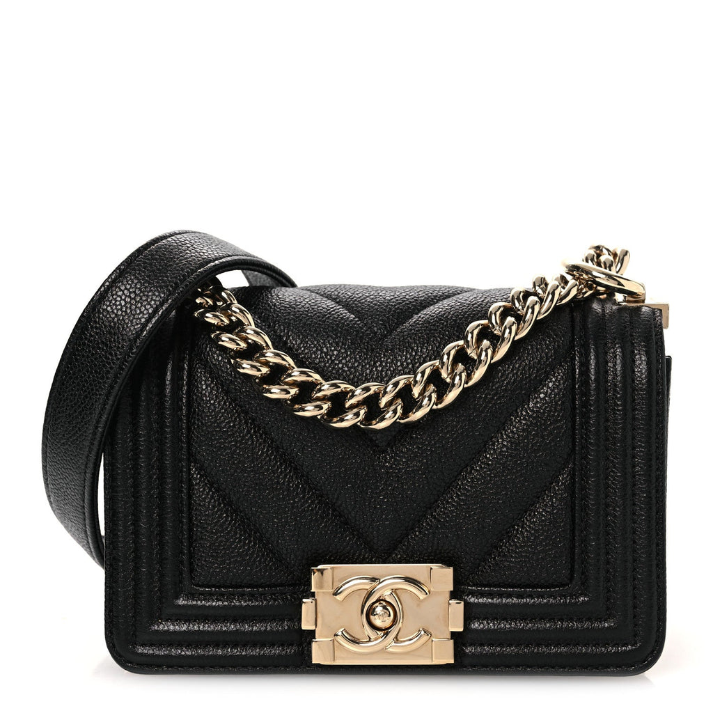 Caviar Chevron Quilted Mini Boy Flap Black