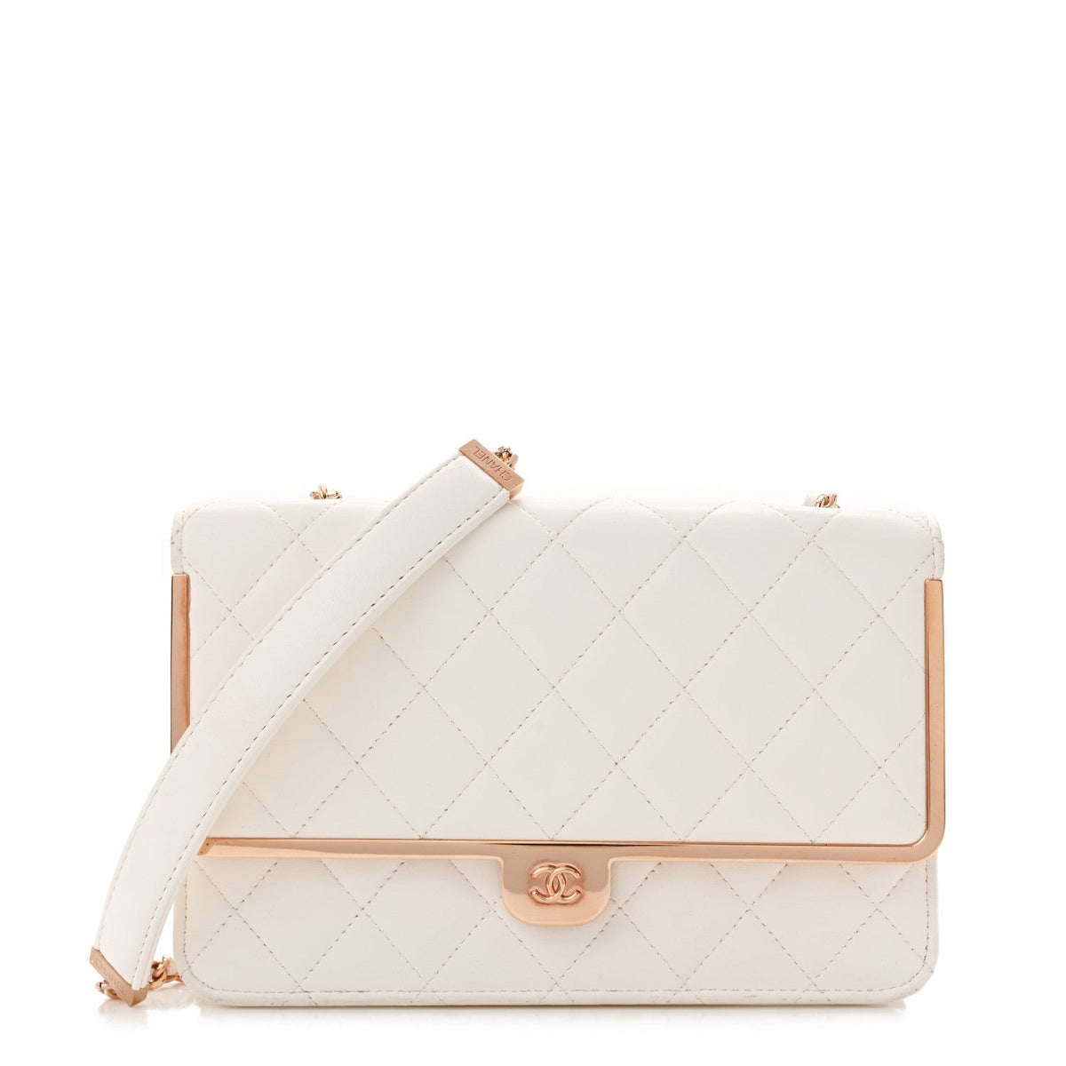 Lambskin Quilted Frame Wallet On Chain WOC White