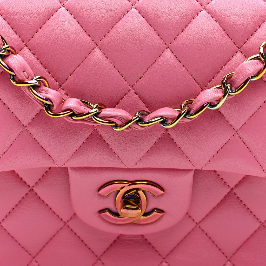 Lambskin Quilted Small Double Flap Pink Yellow