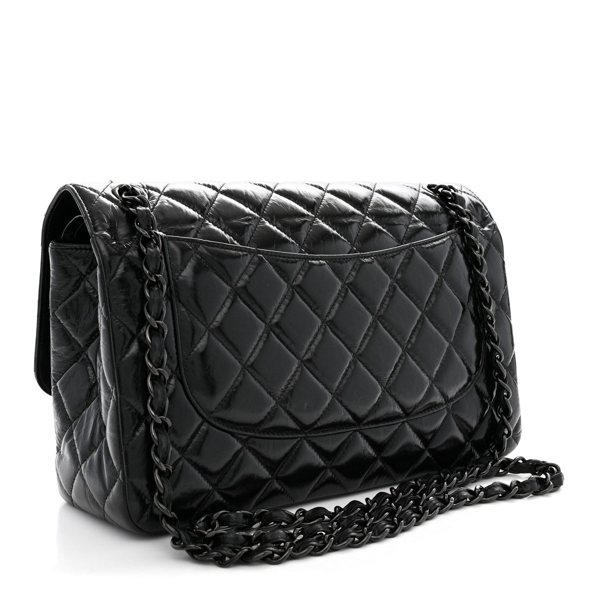 Shiny Distressed Calfskin Quilted Jumbo Double Flap So Black
