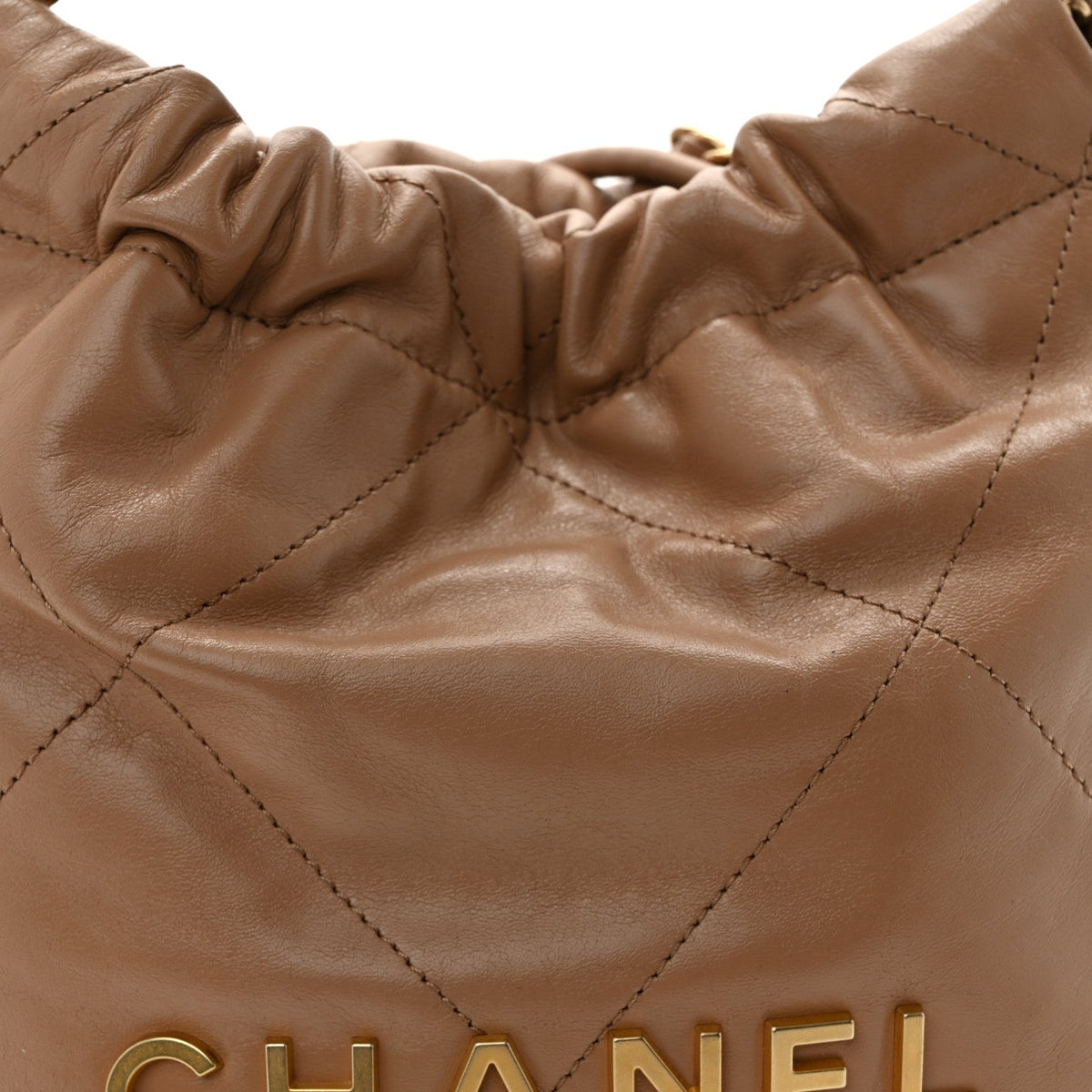 Shiny Calfskin Quilted Mini Chanel 22 Dark Beige