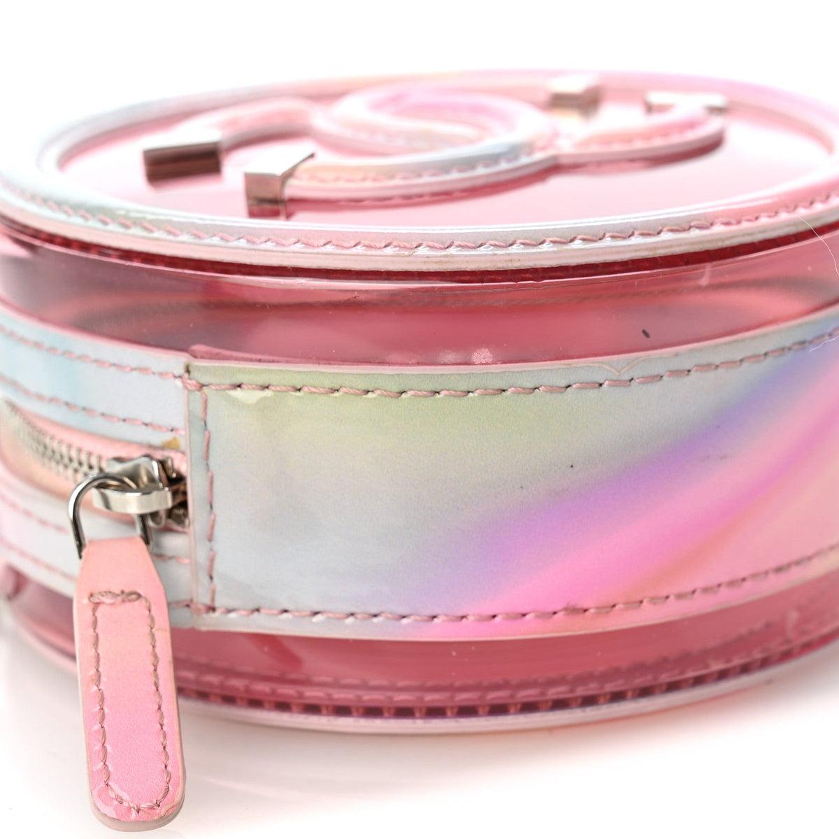 PVC Lambskin Filigree Round Clutch With Chain Pink
