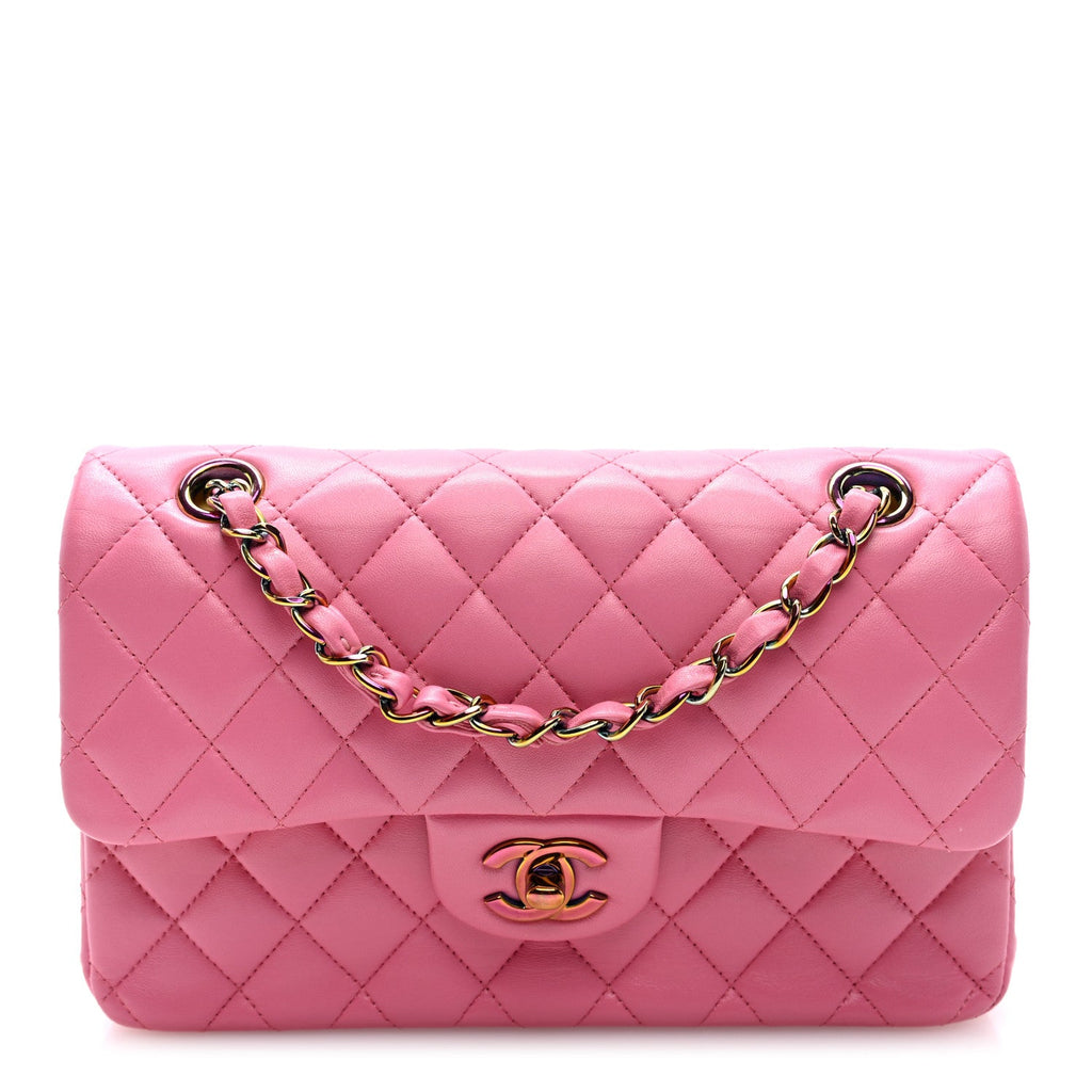 Lambskin Quilted Small Double Flap Pink Yellow