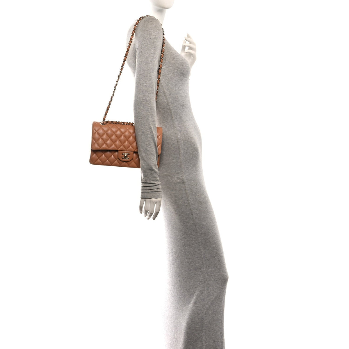 Caviar Quilted Medium Double Flap Light Brown