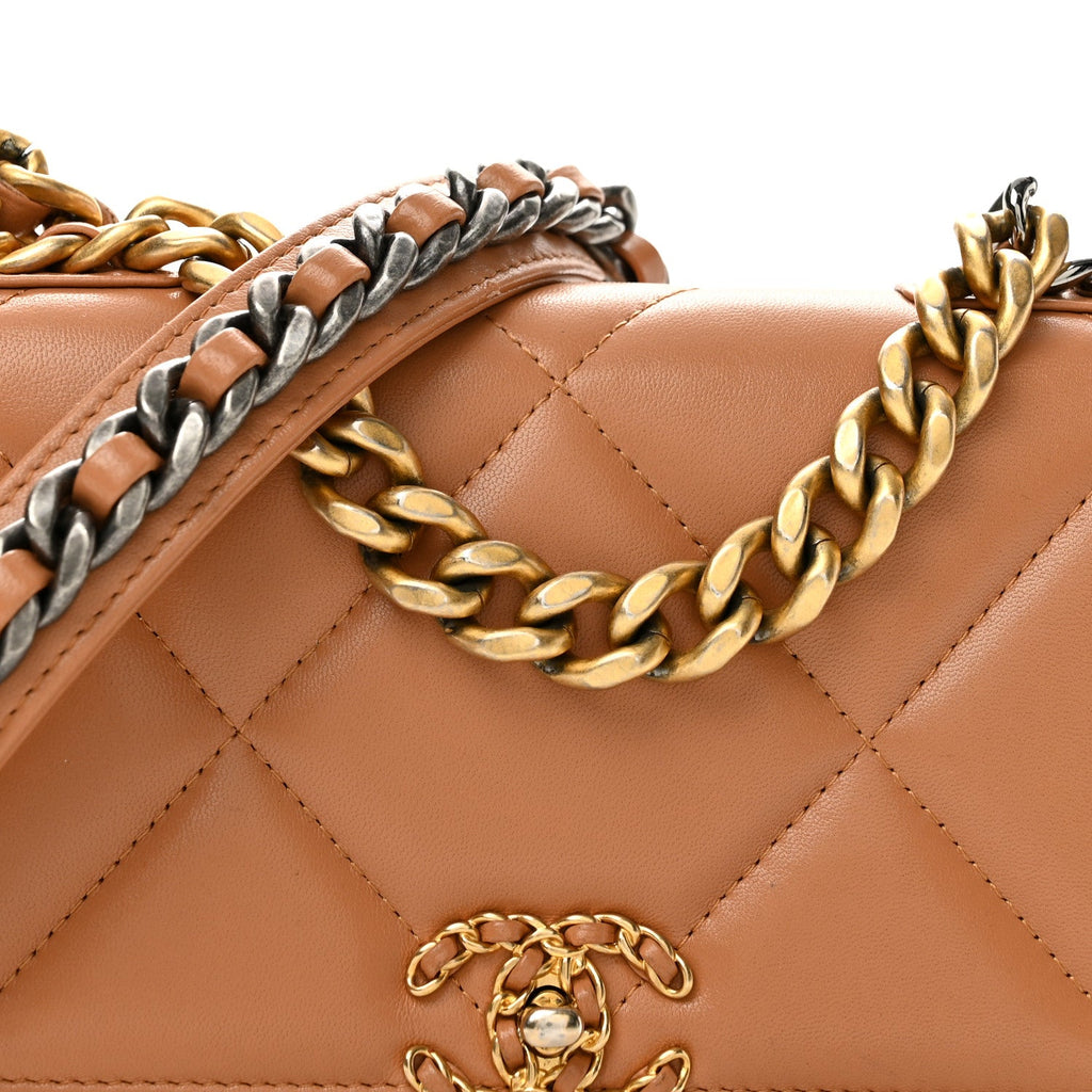 Lambskin Quilted Chanel 19 Wallet On Chain WOC Brown