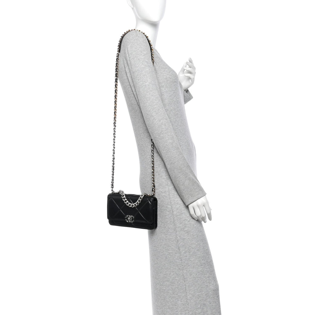 Lambskin Quilted Chanel 19 Wallet On Chain WOC Black
