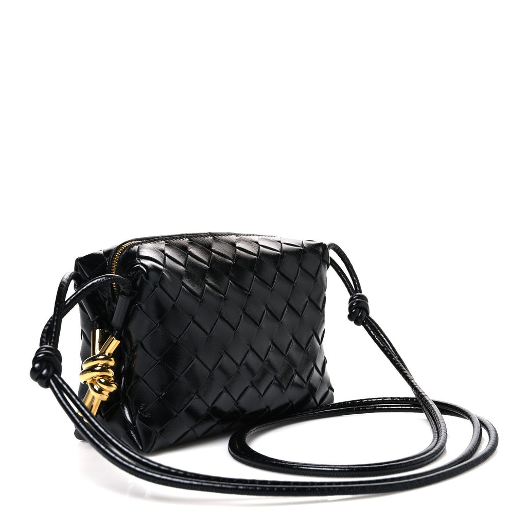 Polished Nappa Intrecciato Metallic Knot Mini Loop Camera Bag Black