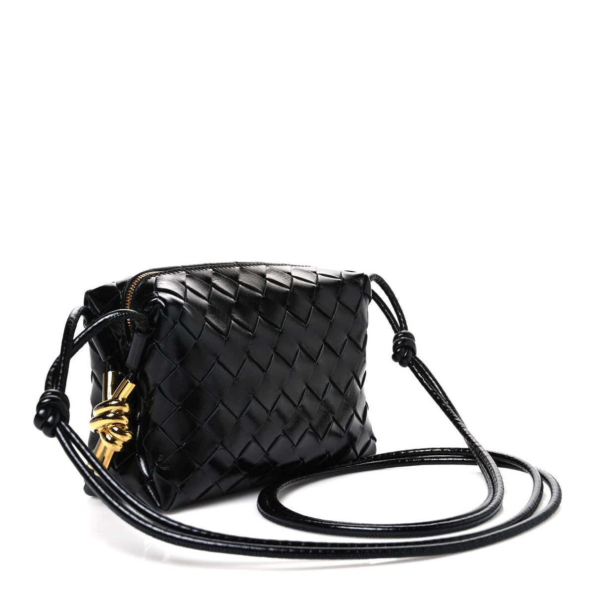 Polished Nappa Intrecciato Metallic Knot Mini Loop Camera Bag Black