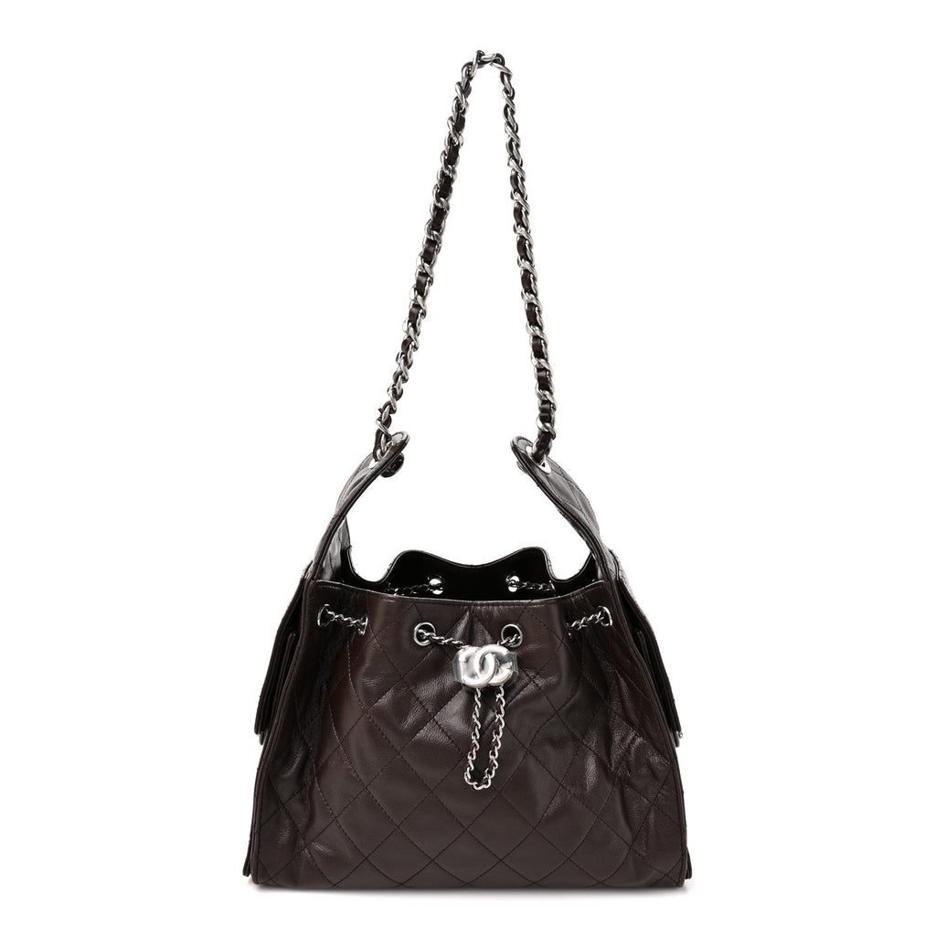 Shiny Crumpled Calfskin Quilted Small Chanel 25 Handbag Dark Brown