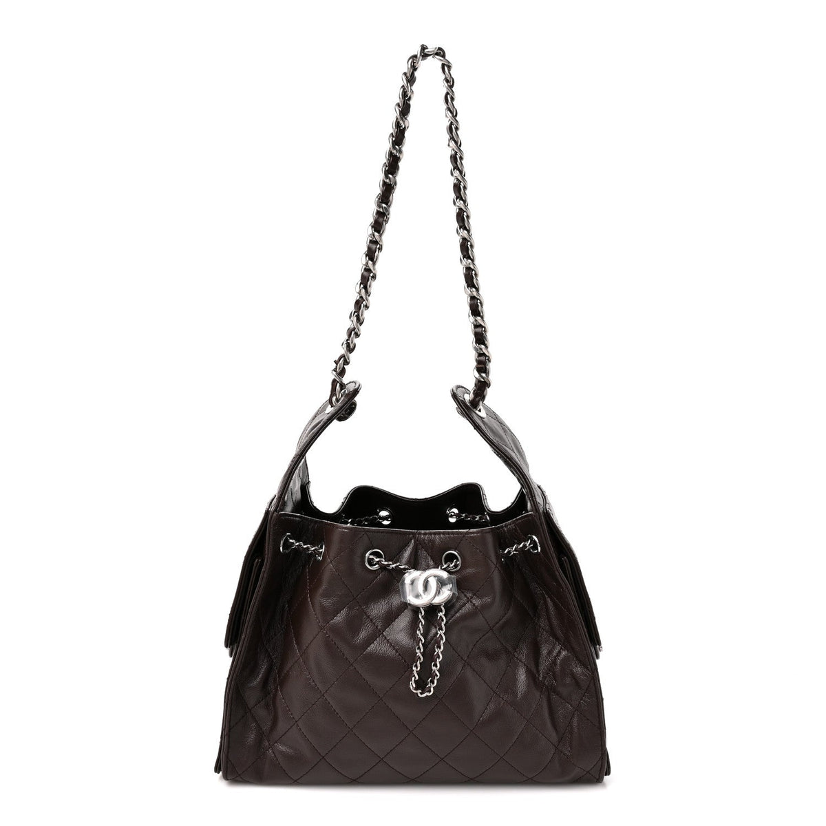 Shiny Crumpled Calfskin Quilted Small Chanel 25 Handbag Dark Brown