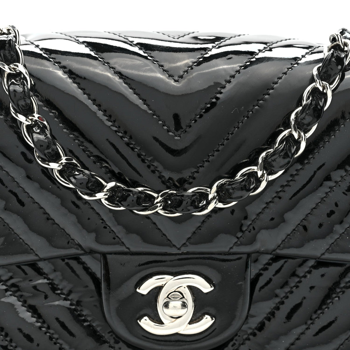 Patent Calfskin Chevron Quilted Mini Square Flap Black