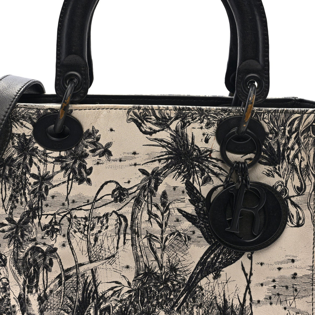 Calfskin Toile de Jouy Carnivora Medium Lady Dior White Black