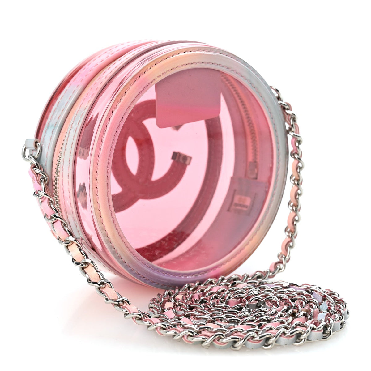 PVC Lambskin Filigree Round Clutch With Chain Pink