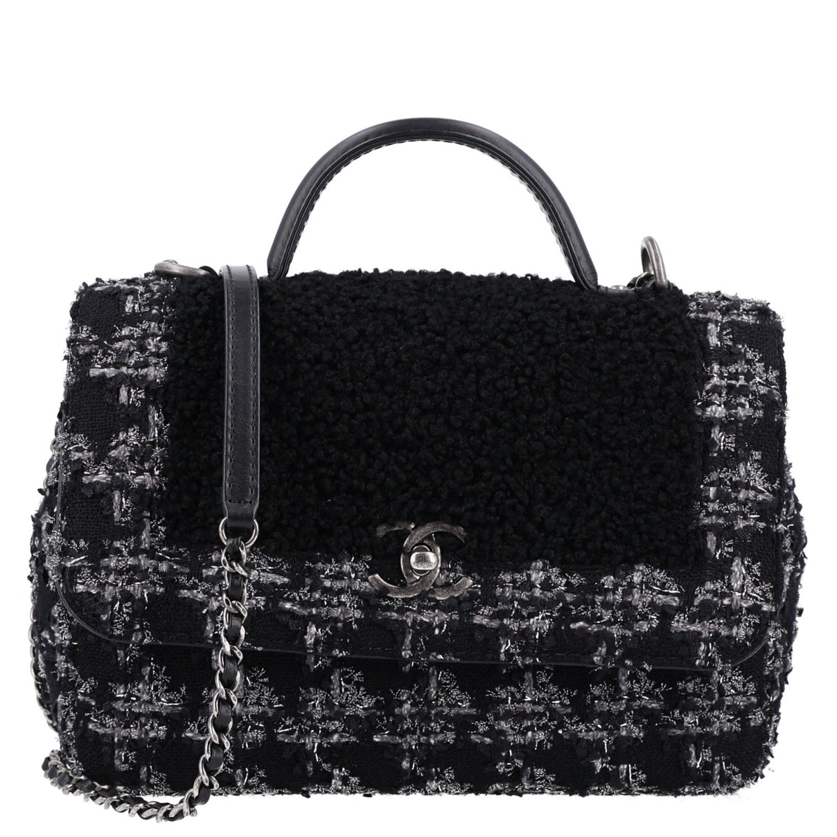 Shearling Tweed Medium Handle Boy Flap Black Grey