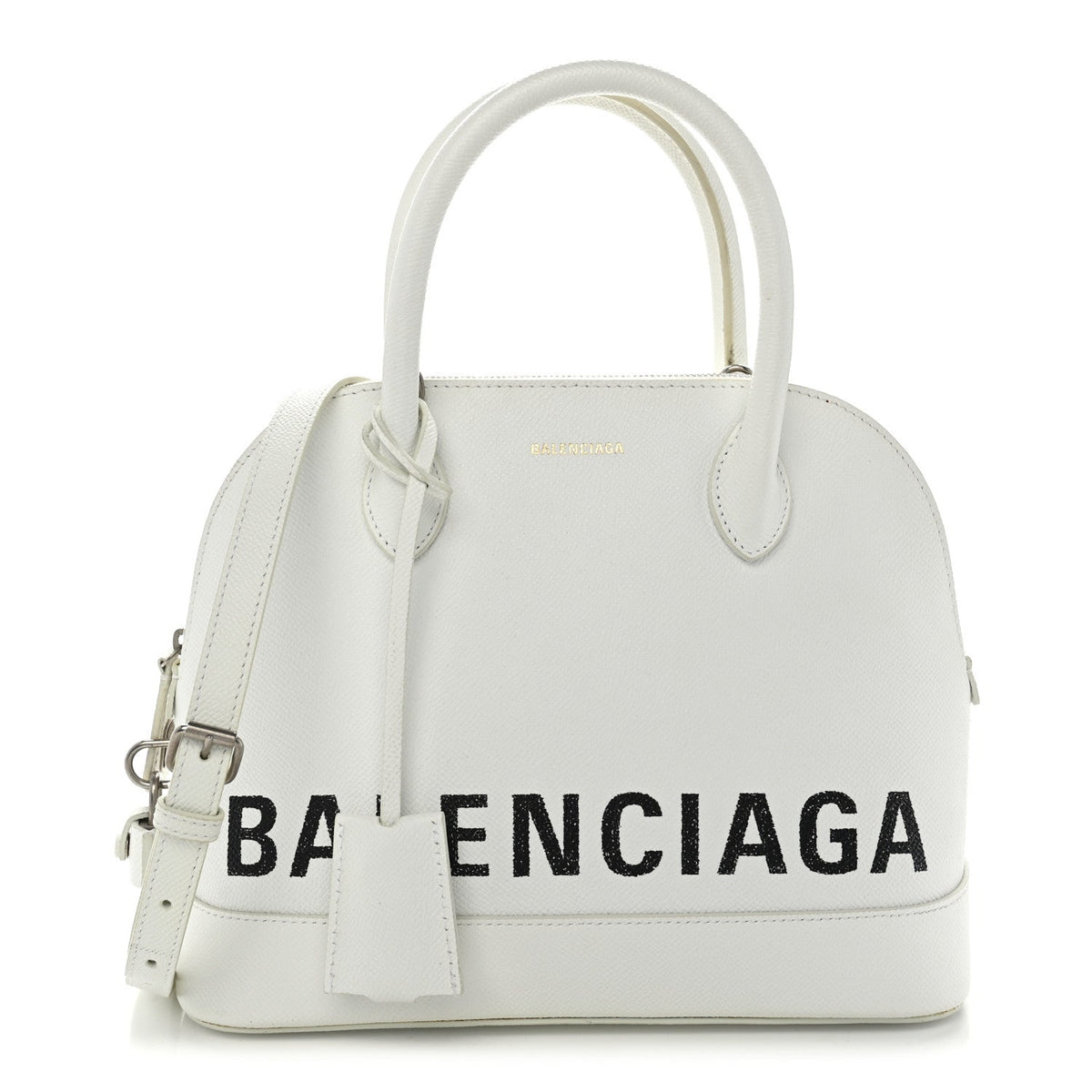 Signature Grained Calfskin Logo S Ville Top Handle Bag White Black