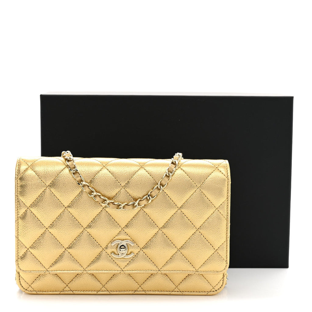 Metallic Caviar Quilted CC Turnlock Wallet On Chain WOC Gold