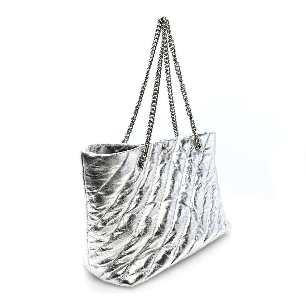 Metallic Crushed Calfskin Quilted Medium Crush Carry All Tote Bag Silver