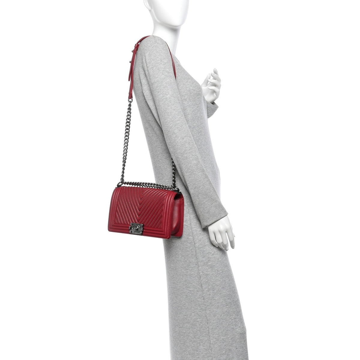 Calfskin Embroidered Chevron Medium Boy Flap Dark Red
