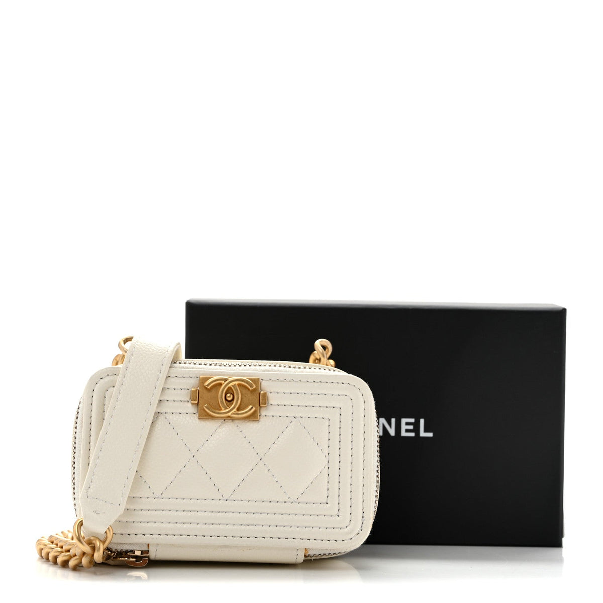 Caviar Quilted Mini Boy Clutch With Chain White