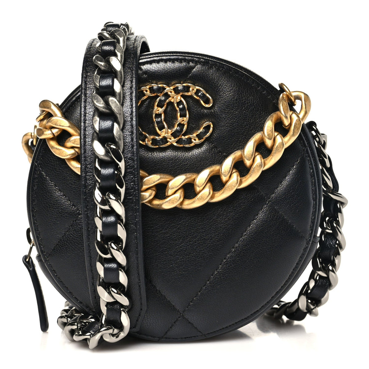 Lambskin Quilted Chanel 19 Round Clutch With Chain Black
