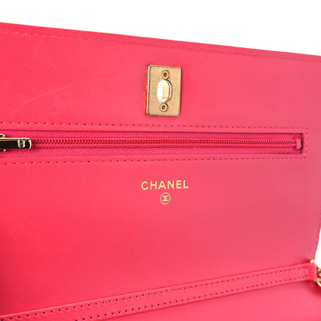 Lambskin Enamel Quilted CC Wallet on Chain WOC Pink
