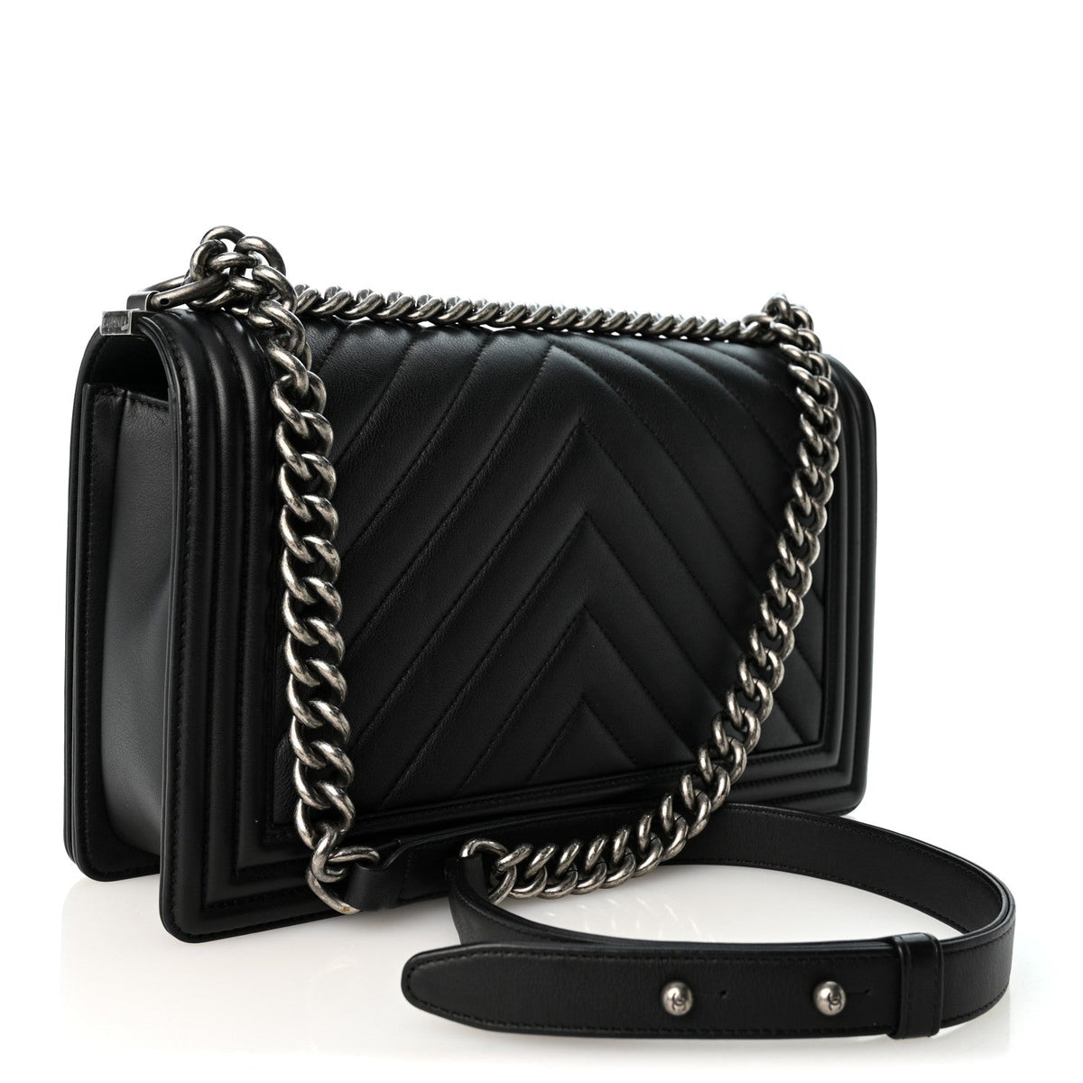 Calfskin Chevron Quilted New Medium Boy Flap Black