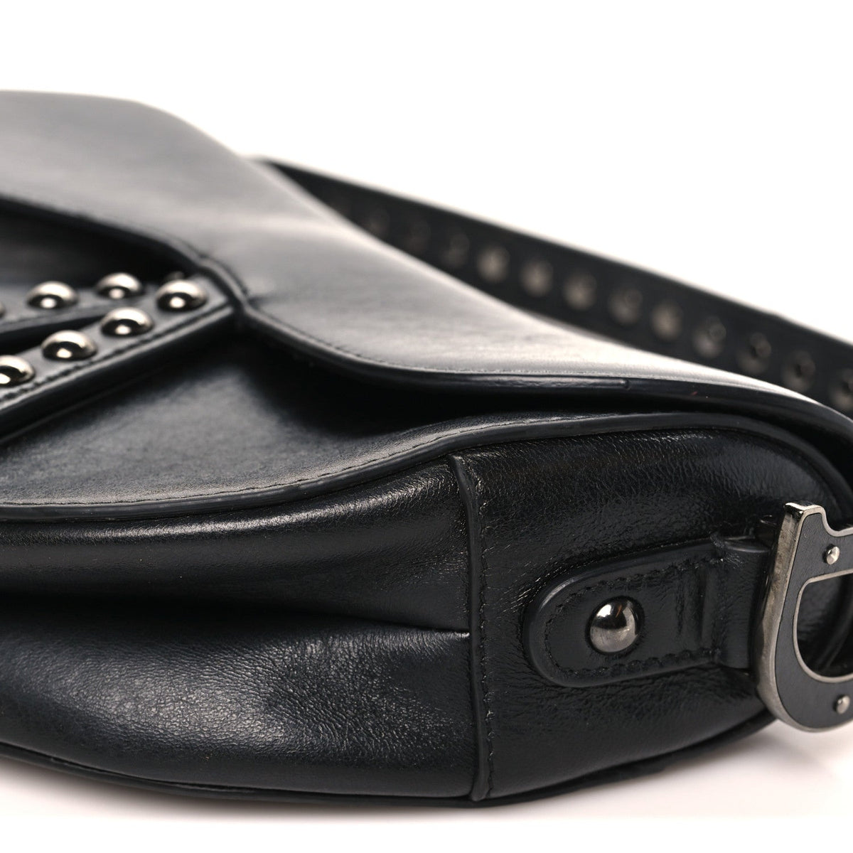 Shiny Crinkled Calfskin Studded Saddle Bag Black