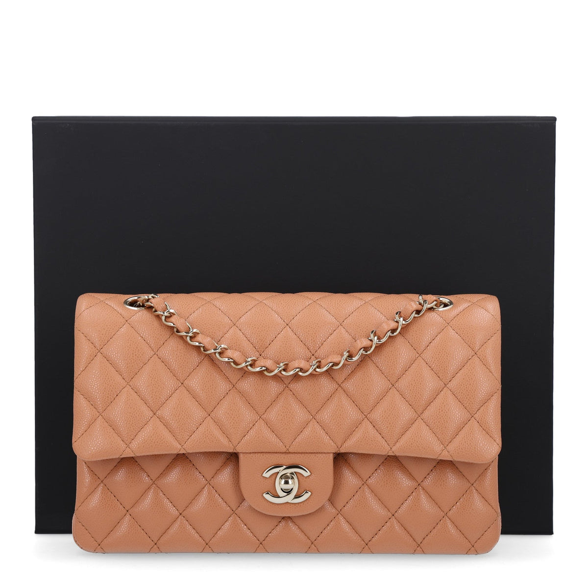 Caviar Quilted Medium Double Flap Light Brown