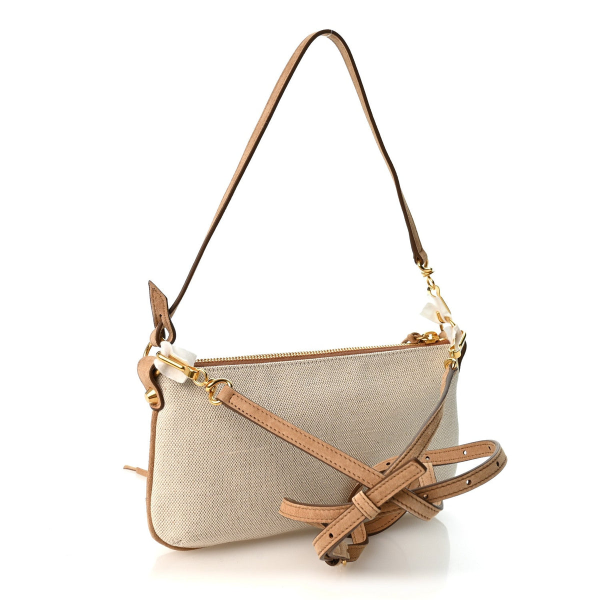Linen Canvas Waxed Suede Calfskin Aged Gold Hardware Le City Pouch On Strap Beige Camel