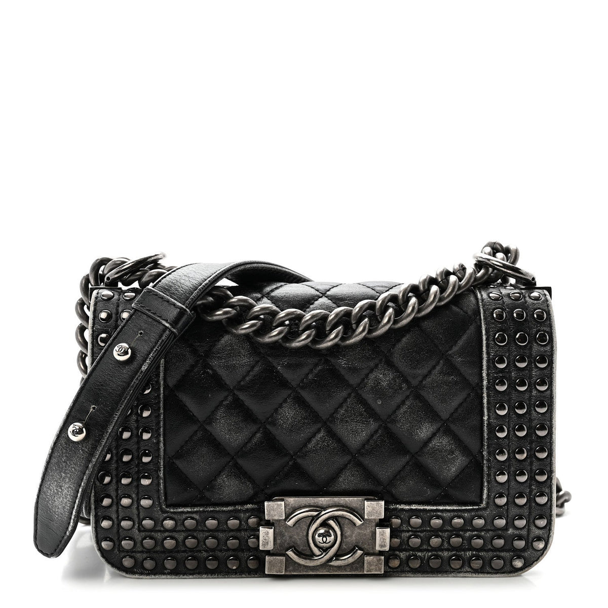 Faded Calfskin Quilted Small Studded Boy Flap Grey