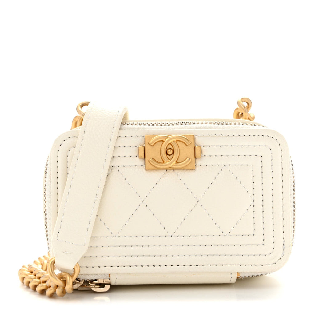 Caviar Quilted Mini Boy Clutch With Chain White