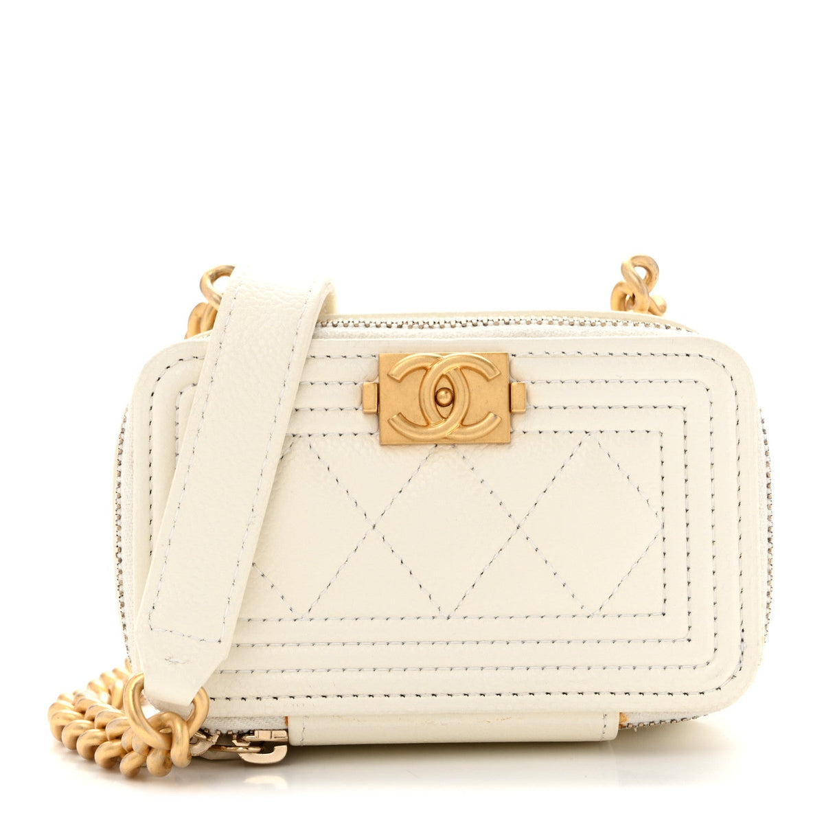 Caviar Quilted Mini Boy Clutch With Chain White