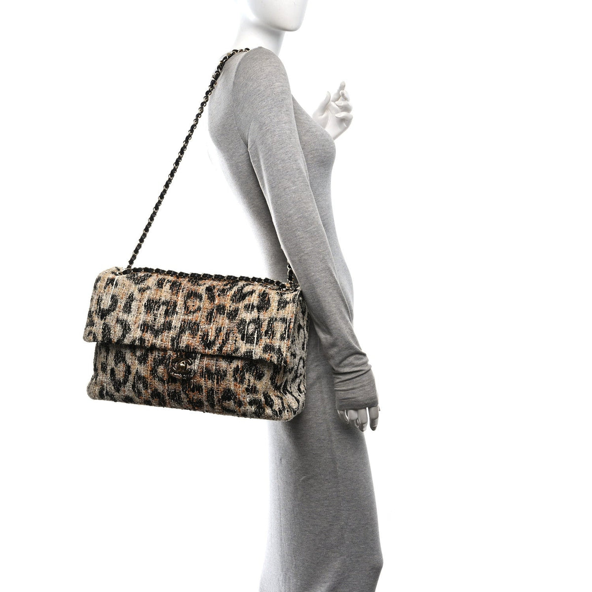 Tweed Mixed Fibers Leopard Print Souplissimo Maxi Flap Brown Black White