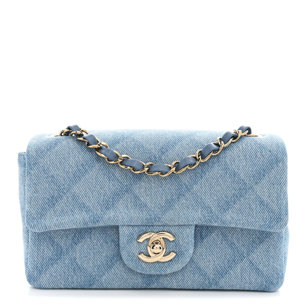Printed Denim Quilted Mini Rectangular Flap Light Blue