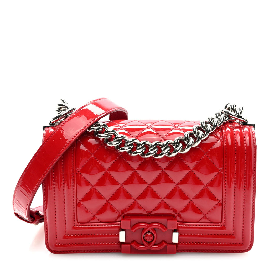 Patent Calfskin Quilted Small Plexiglass Boy Flap Red