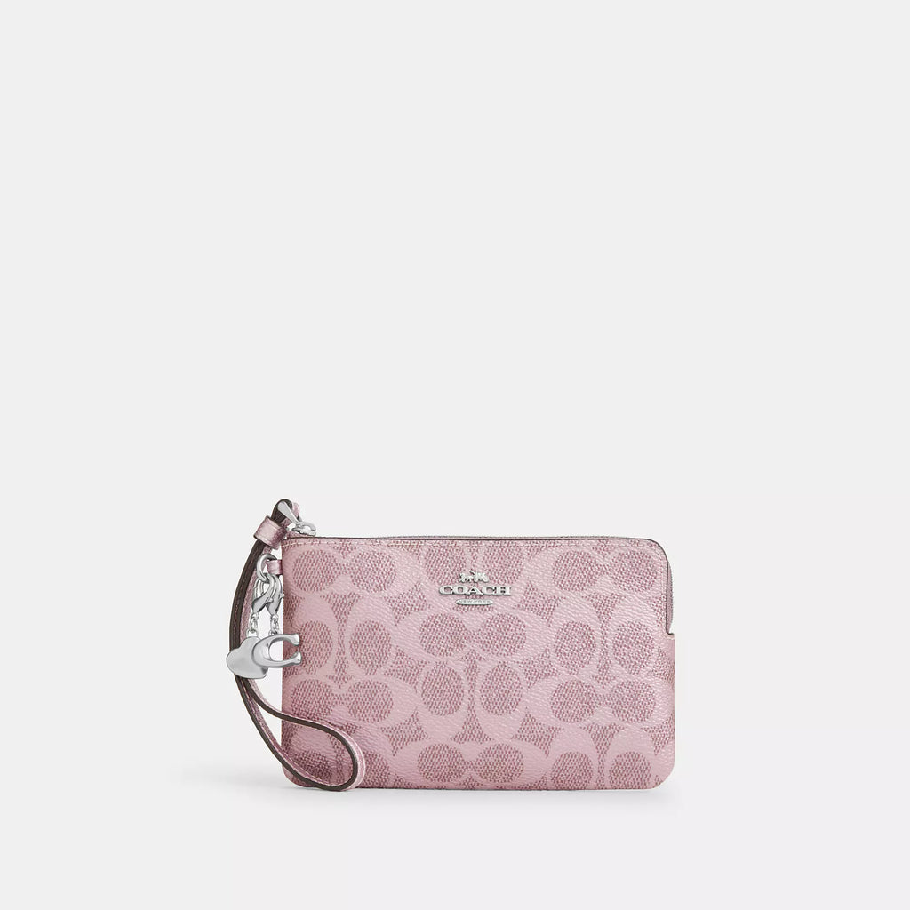Coach Outlet Boxed Corner Zip Wristlet In Signature Canvas With Charms
