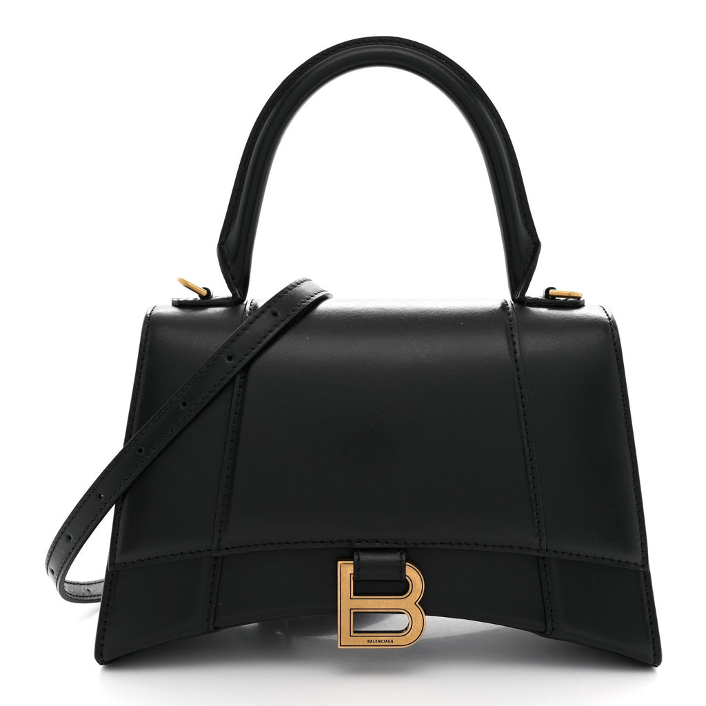 Shiny Box Calfskin Small Hourglass Top Handle Bag Black