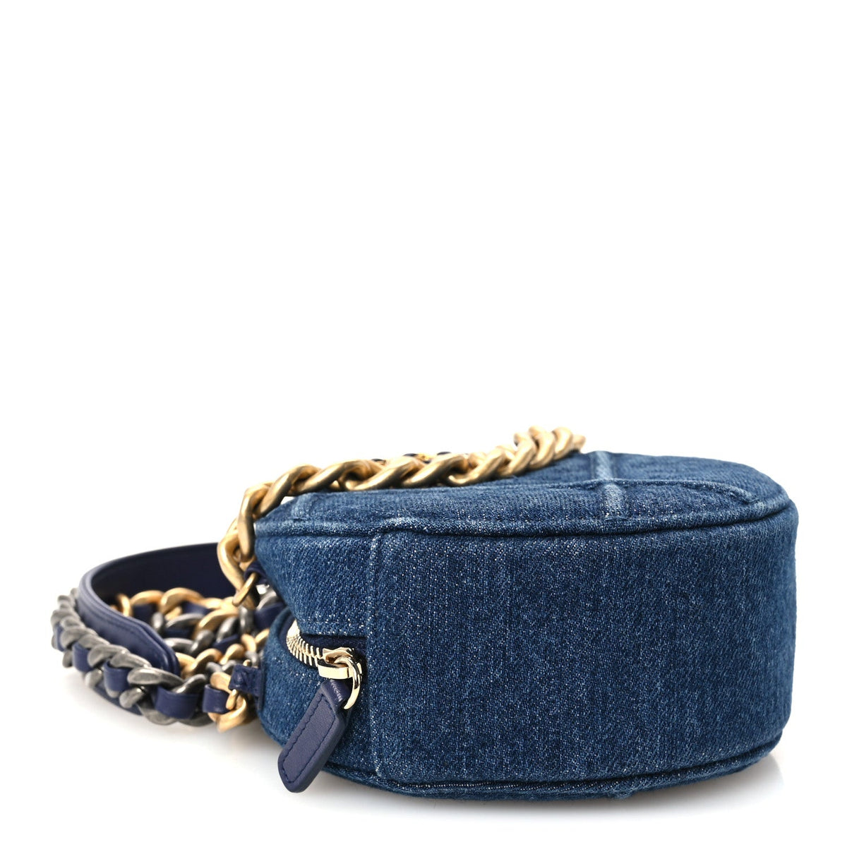 Denim Quilted Chanel 19 Round Clutch With Chain Blue