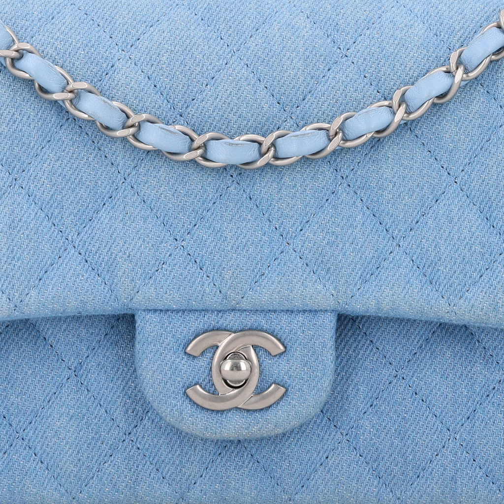 Denim Quilted Medium Double Flap Light Blue