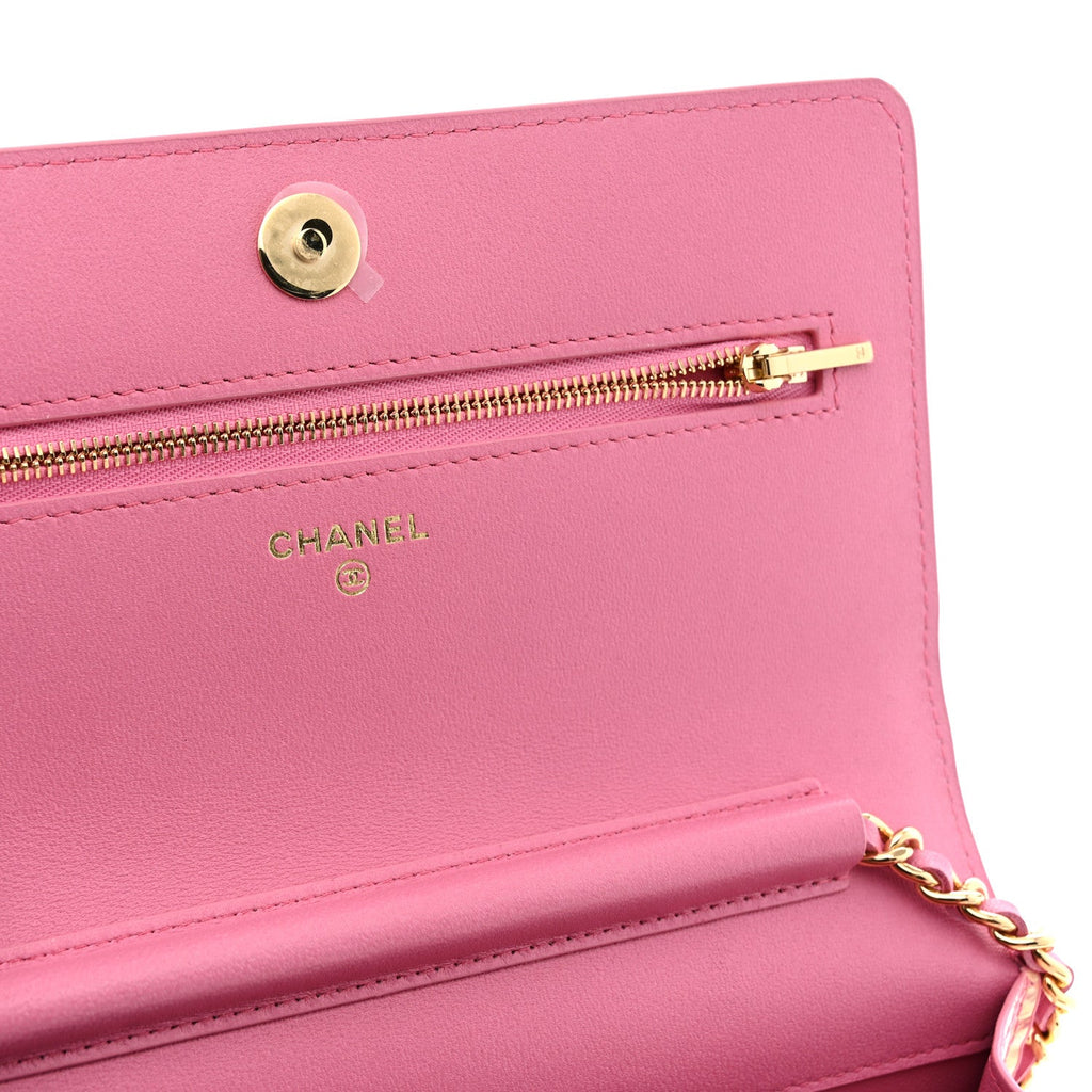 Iridescent Calfskin Crocodile Embossed Wallet On Chain WOC Pink