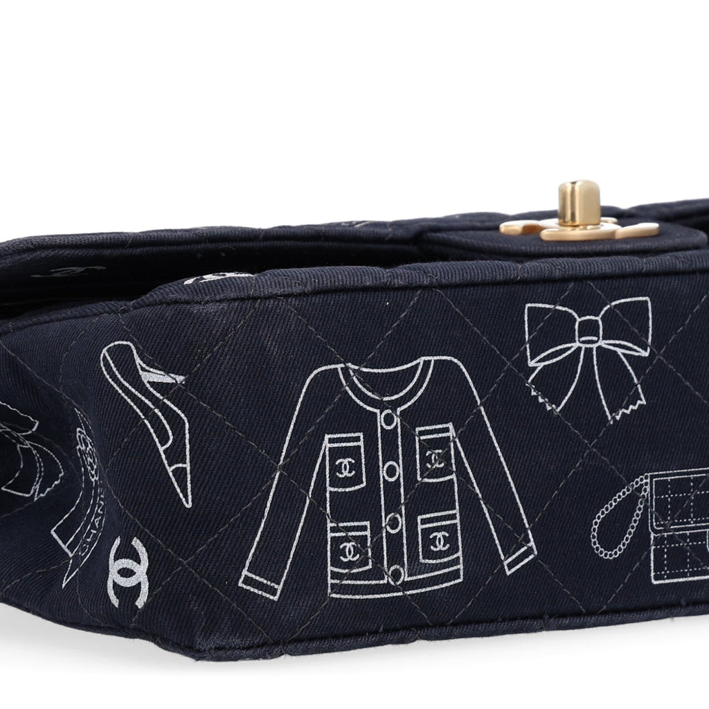 Canvas Printed Quilted Medium Double Flap Blue White