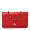 Lambskin Camellia Embossed Wallet on Chain WOC Red