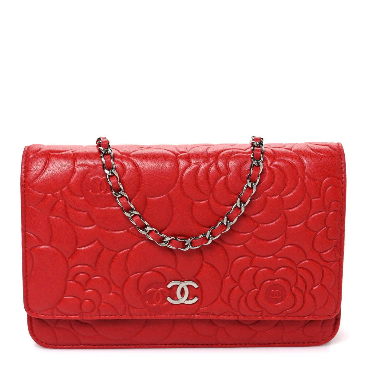 Lambskin Camellia Embossed Wallet on Chain WOC Red