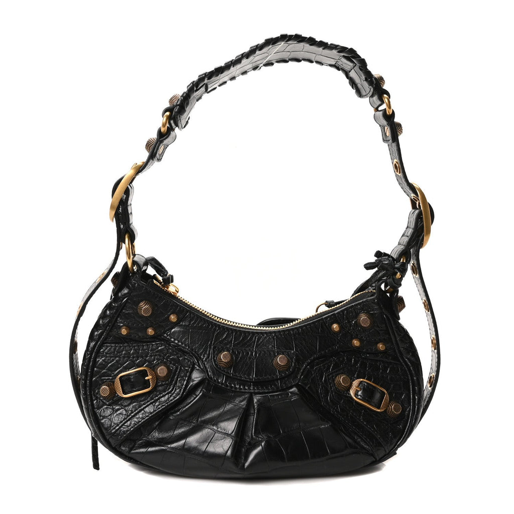 Extra Supple Calfskin Crocodile Embossed Le Cagole Shoulder Bag XS Black